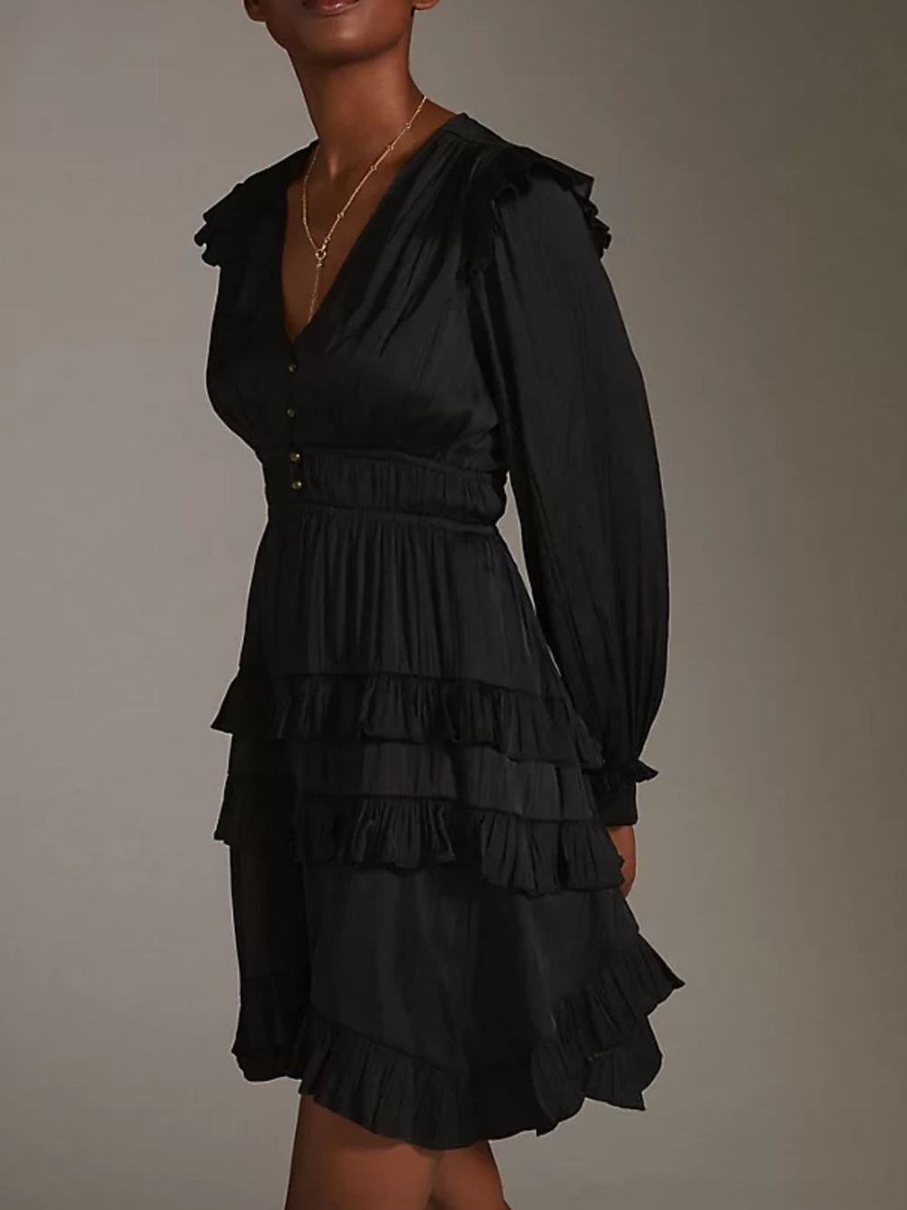 Anthropologie Black Ruffled Tiered Sundress long sleeve flowy silky M NWT
